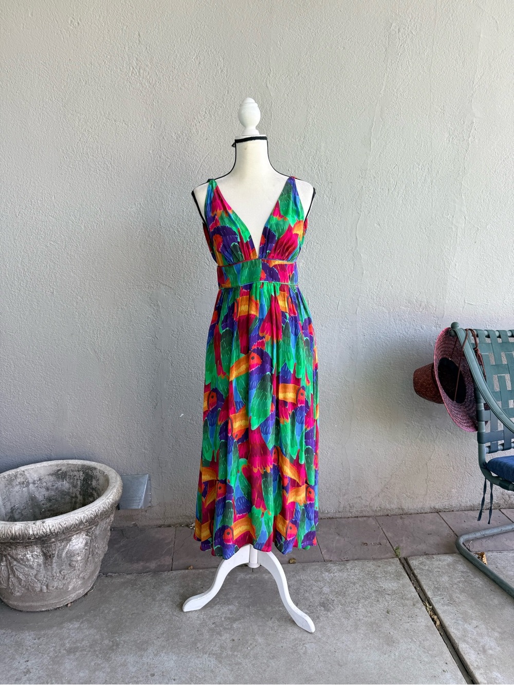 Farm Rio Colorful Tropical Print V-Neck Maxi Dress Size Small